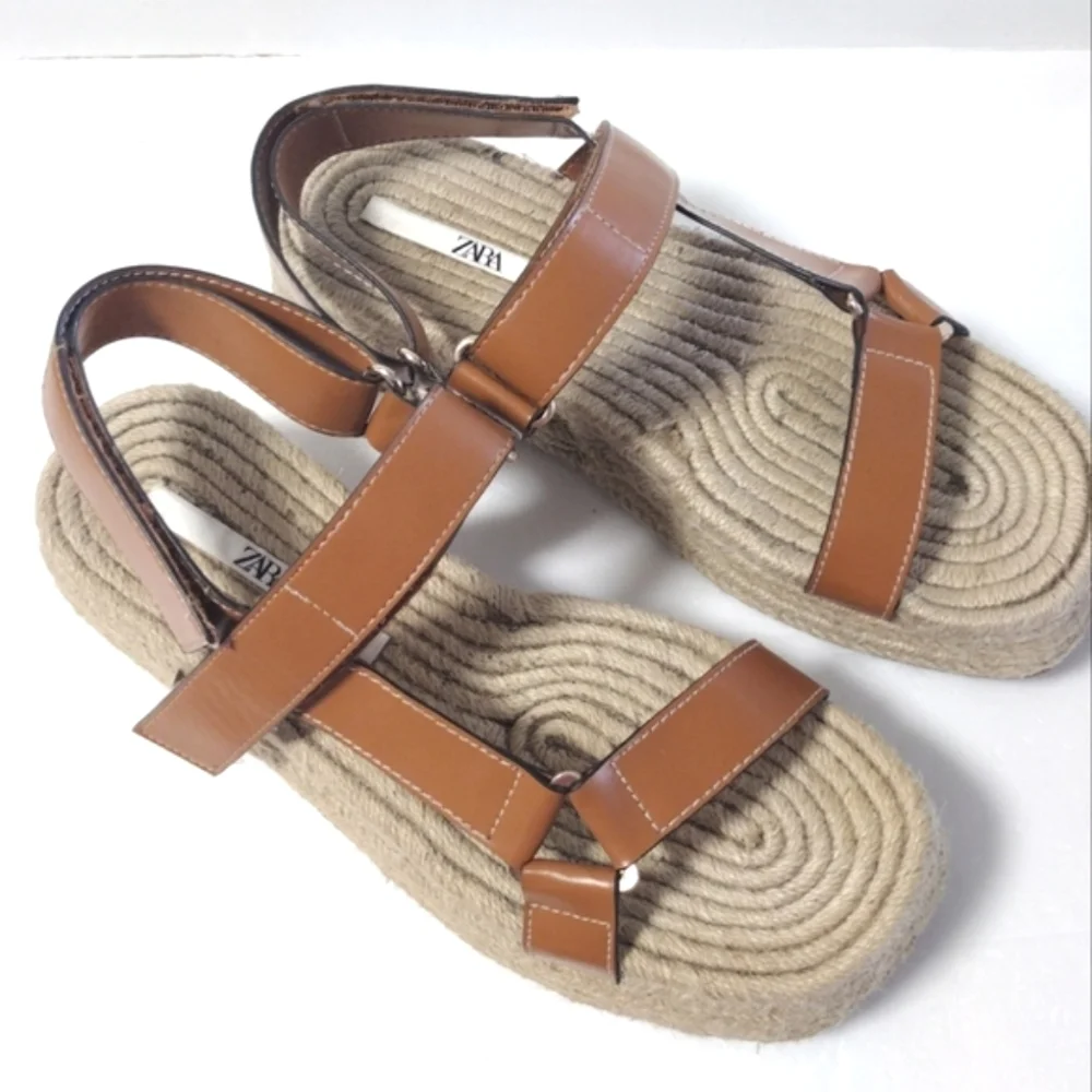 ZARA Women's Tan Jute Faux Leather Slingback Strappy Platform Sandals Brown 39 - Picture 8 of 13
